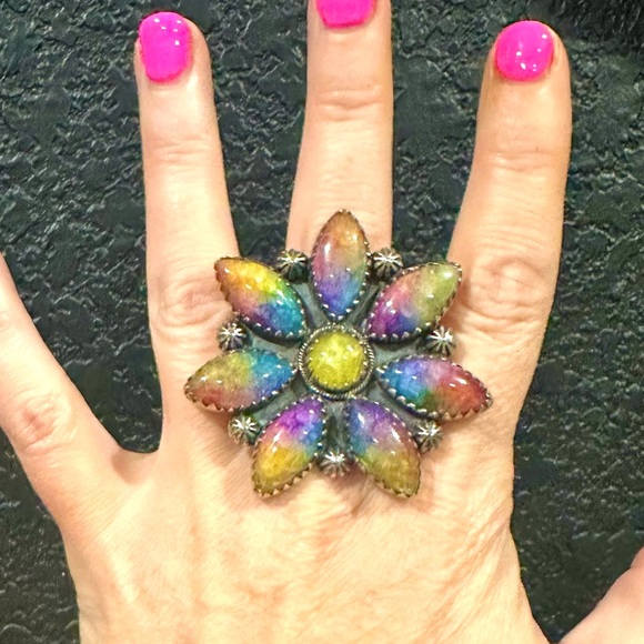 EUC Rainbow Quartz Faceted Flower Bust Sterling Silver Ring - Picture 3 of 13